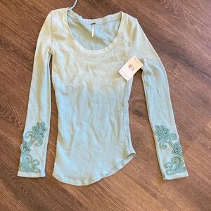 Free People Light Blue Long Sleeve Top with Embroidered Cuffs